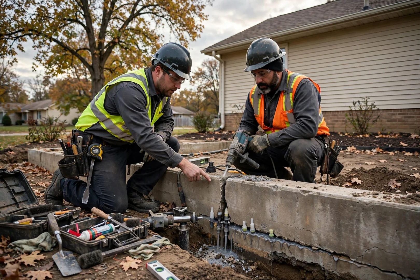 Foundation repair crew installing steel piers beside a suburban home in Overland Park